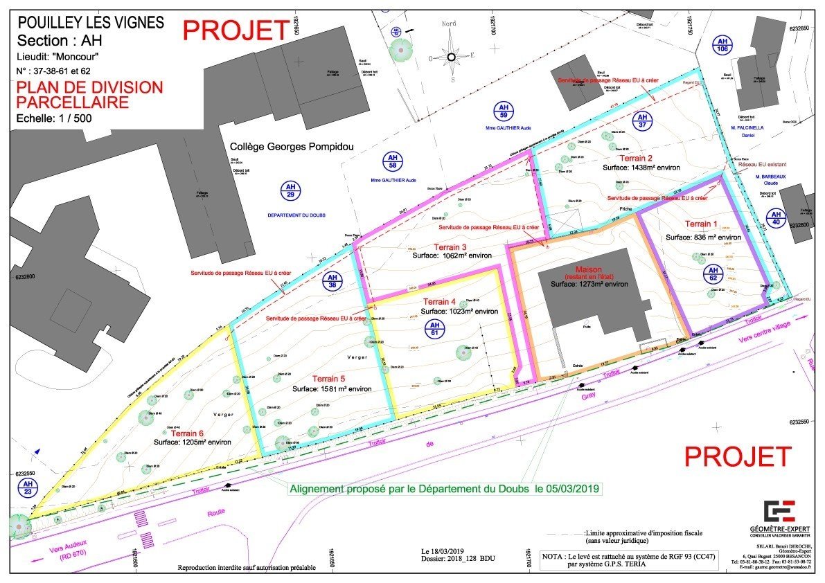 Plan des parcelles 34 Rue de Gray 25115 - Pouilley les vignes  - Seguin Actions Immobilières - Programme d'aménagement : 5 terrains Viabilisés